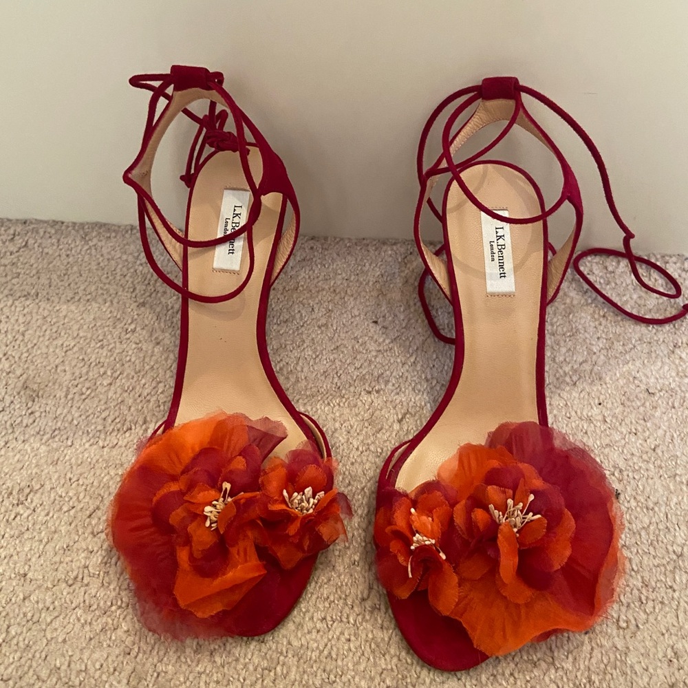 L.K. Bennett Red flowery heels. New, never worn.